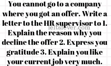 You cannot go to a company where you got an offer. Write a letter to the HR supervisor to 1. Explain the reason why you decline the offer 2. Express you gratitude 3. Explain you like your current job very much.