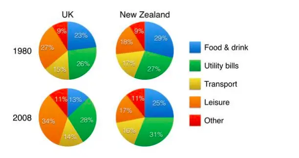 The charts below show household spending patterns in two countries between 1980 and 2008.