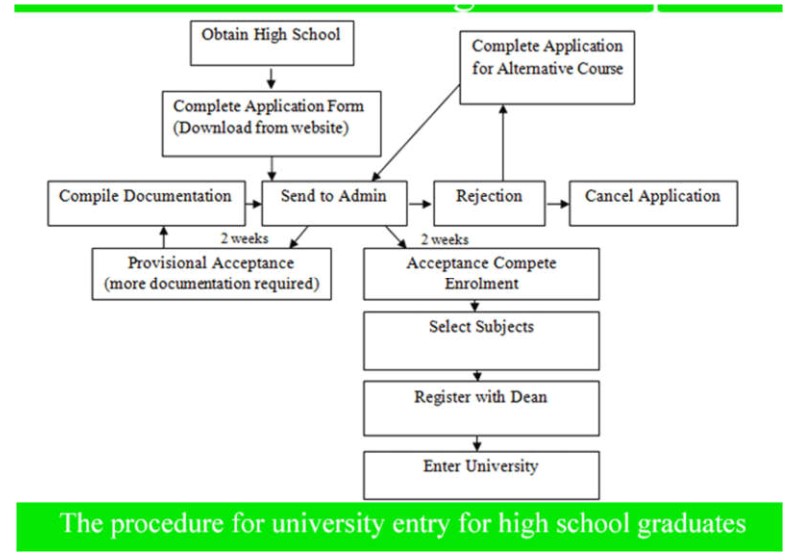 The diagram shows the procedure for university entry for high school graduates. Write a report for a university or college lecturer describing the information. Write at least 150 words