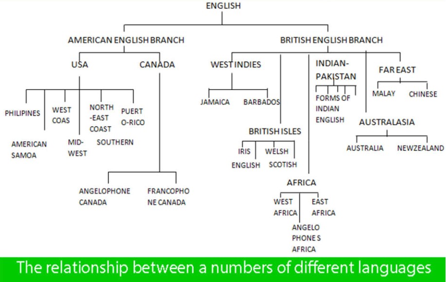 The diagram shows the relationship between a number of different languages.