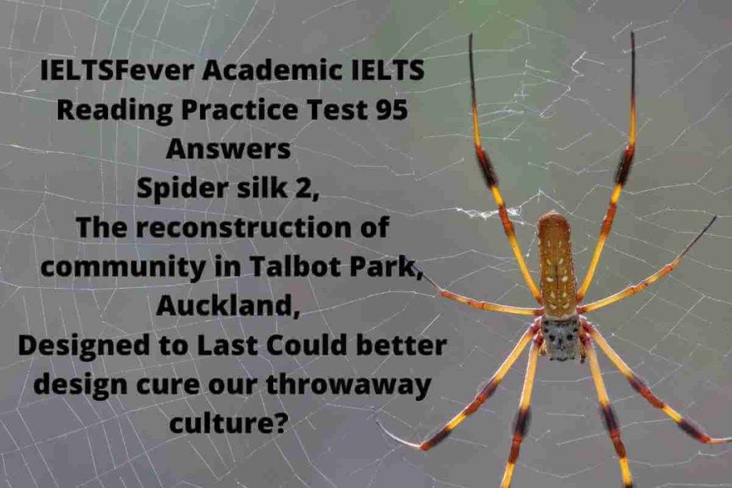 IELTSFever Academic IELTS Reading Practice Test 95 Answers Spider silk 2, The reconstruction of community in Talbot Park, Auckland, Designed to Last Could better design cure our throwaway culture?