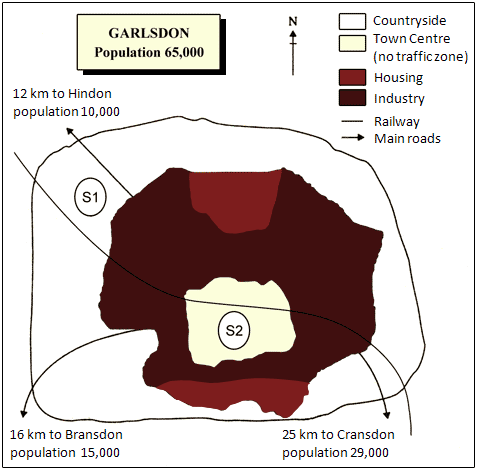 The map below is of the town of Garlsdon. A new supermarket (S) is planned for the town