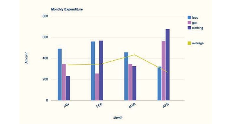 The bar chart shows the monthly spending in dollars of a family in the USA on three items in 2010.