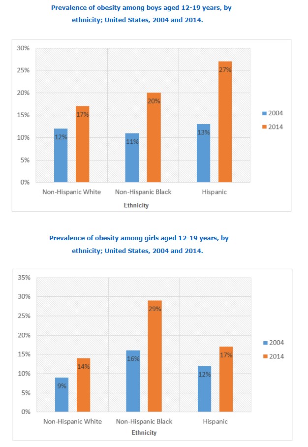 The bar charts below show the prevalence of obesity among boys and girls aged 12 to 19 years by ethnicity