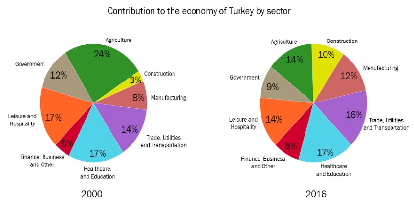 The two pie charts below show the percentages of industry sectors' contribution to the economy of Turkey in 2000 and 2016